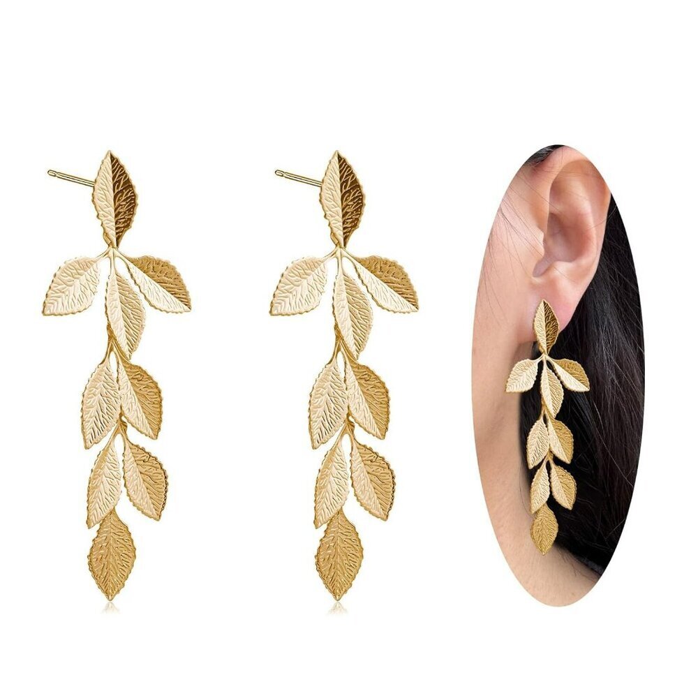 Gold Long Leaf Stud Earrings Handmade Leaf Dangling Earrings for Women Plant Ear